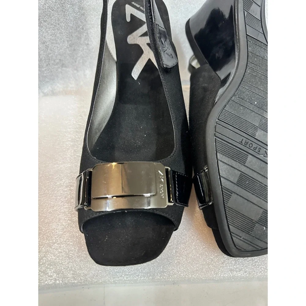 Anne‎ Klein Sport Black Slingback Wedge Peep Toe Heels Shoes Women 10M